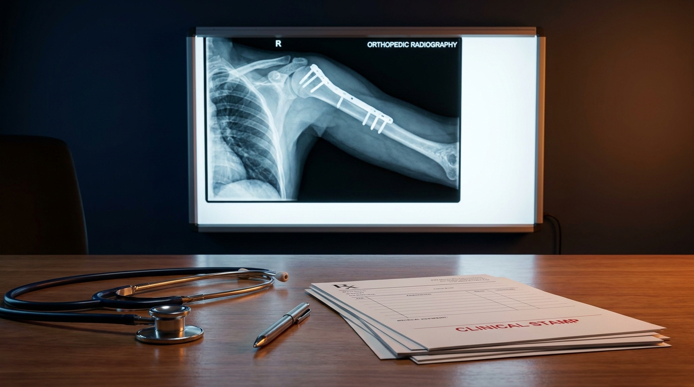 Exame de raio-x ortopédico com placas cirúrgicas e laudo médico para perícia de auxílio-acidente do INSS