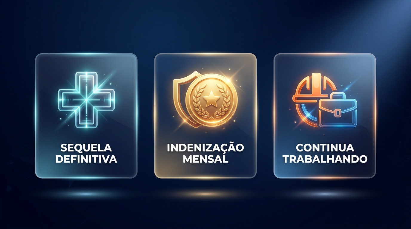 Infográfico explicativo das regras do auxílio-acidente: sequela definitiva, indenização mensal e manutenção do emprego